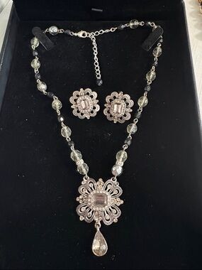 Avon Silver-Tone Floral Pendant Necklace and Earring Set with Clear Accents